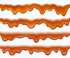 Caramel dripping. Caramel sauce or liqued chocolate drip from top. Melt toffee wave for candy pack design. Brown maple or honey syrup isolated onwhite background