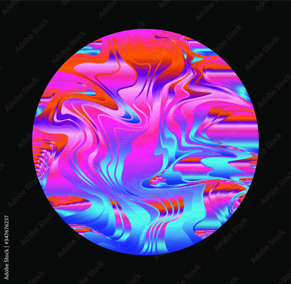 Aufkleber Illuminated holographic circle with glitched texture made by generative algorithm. Retrofuturistic illustration in 80s-90s synthwave and retrowave chromatic spectrum colors.