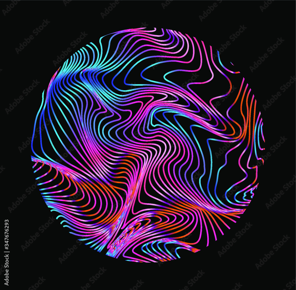 Aufkleber Illuminated holographic circle with glitched texture made by generative algorithm. Retrofuturistic illustration in 80s-90s synthwave and retrowave chromatic spectrum colors.