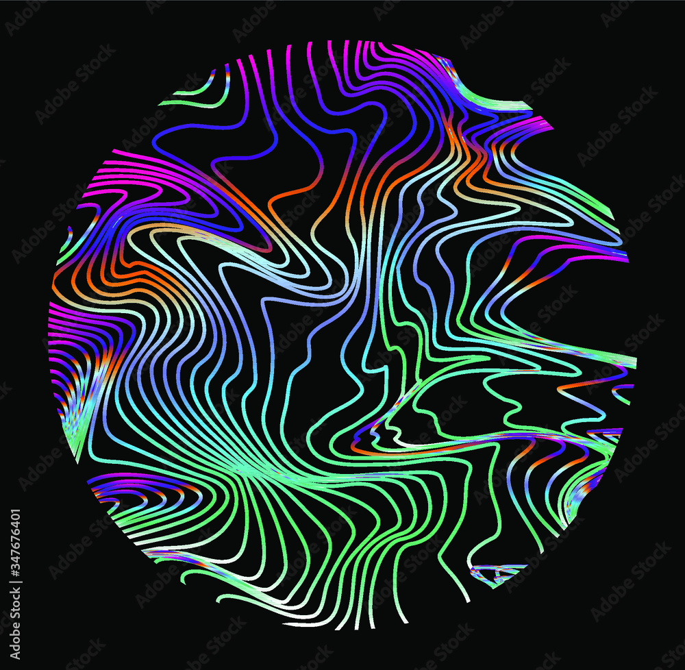 Aufkleber Illuminated holographic circle with glitched texture made by generative algorithm. Retrofuturistic illustration in 80s-90s synthwave and retrowave chromatic spectrum colors.