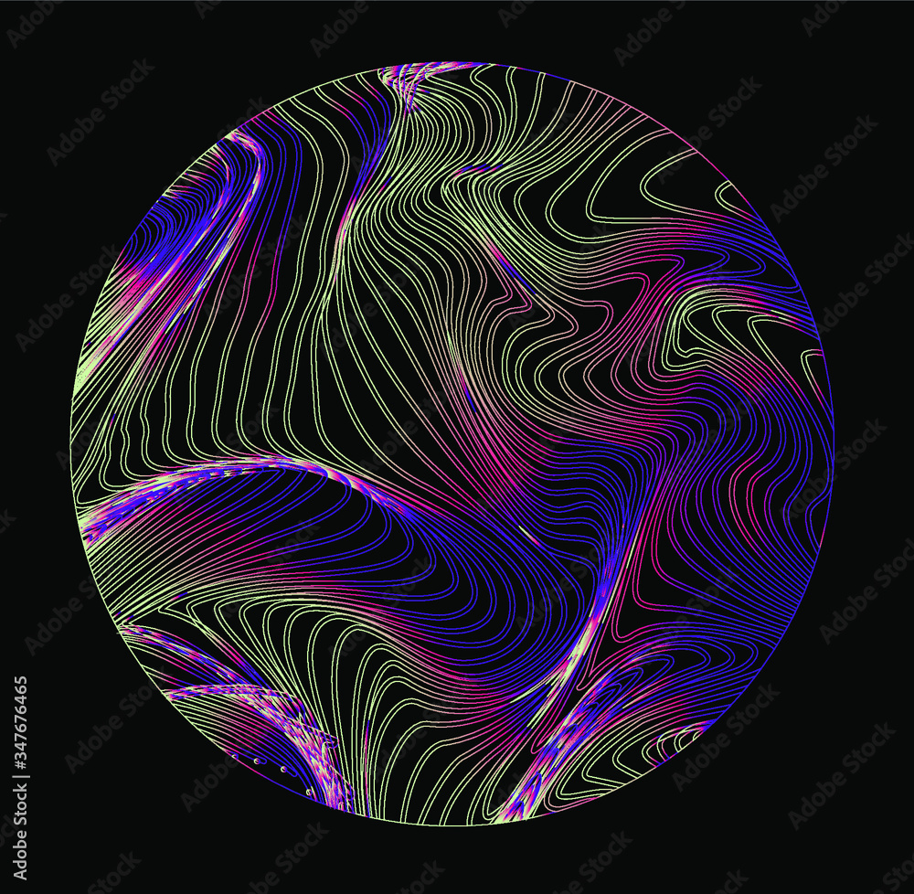 Poster Illuminated holographic circle with glitched texture made by generative algorithm. Retrofuturistic illustration in 80s-90s synthwave and retrowave chromatic spectrum colors.
