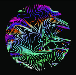 Illuminated holographic circle with glitched texture made by generative algorithm. Retrofuturistic illustration in 80s-90s synthwave and retrowave chromatic spectrum colors.