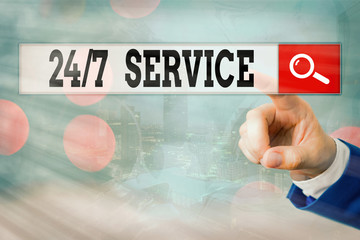 Writing note showing 24 Or 7 Service. Business concept for Always available to serve Runs...