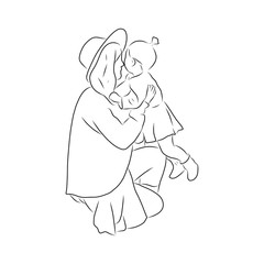 line drawing of mother hugs and kisses her child