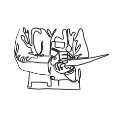 Continuous line drawing of a male doctor who is currently thinking and writing