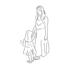 line drawing of mother holding her hand and hugging her child