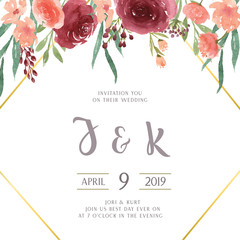 Watercolor florals with text frame border, lush flowers aquarelle hand painted isolated on white background. Design flowers decor for card, save the date, wedding invitation cards, poster, banner.