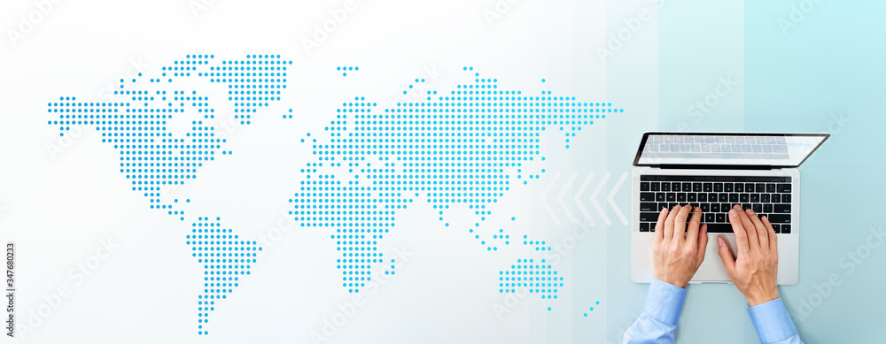 Poster laptop and world map. world business and internet. top view of businessman using laptop.