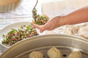 Female hands make manti, khinkali, dumplings or wonton from dough with minced meat filling and greens on the background of the kitchen table with a double boiler. Homemade food.