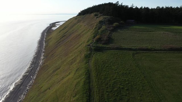 Aerial / drone footage of Ebey's Landing off Fort Casey State Park on Whidbey Island near Seattle, Washington during the COVID-19 pandemic closure