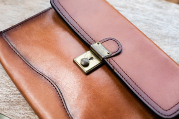 Close up brown leather wallet.