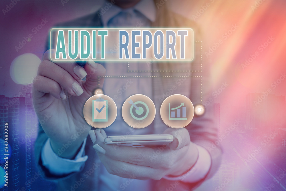 Poster writing note showing audit report. business concept for an appraisal of complete financial status of