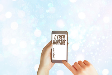 Writing note showing Cyber Warfare. Business concept for Virtual War Hackers System Attacks Digital...