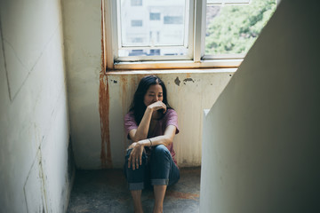 sad serious woman.depressed emotion panic attacks alone young people fear stressful.crying begging...