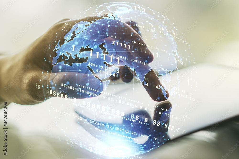 Poster double exposure of abstract programming language hologram with world map and finger clicks on a digi