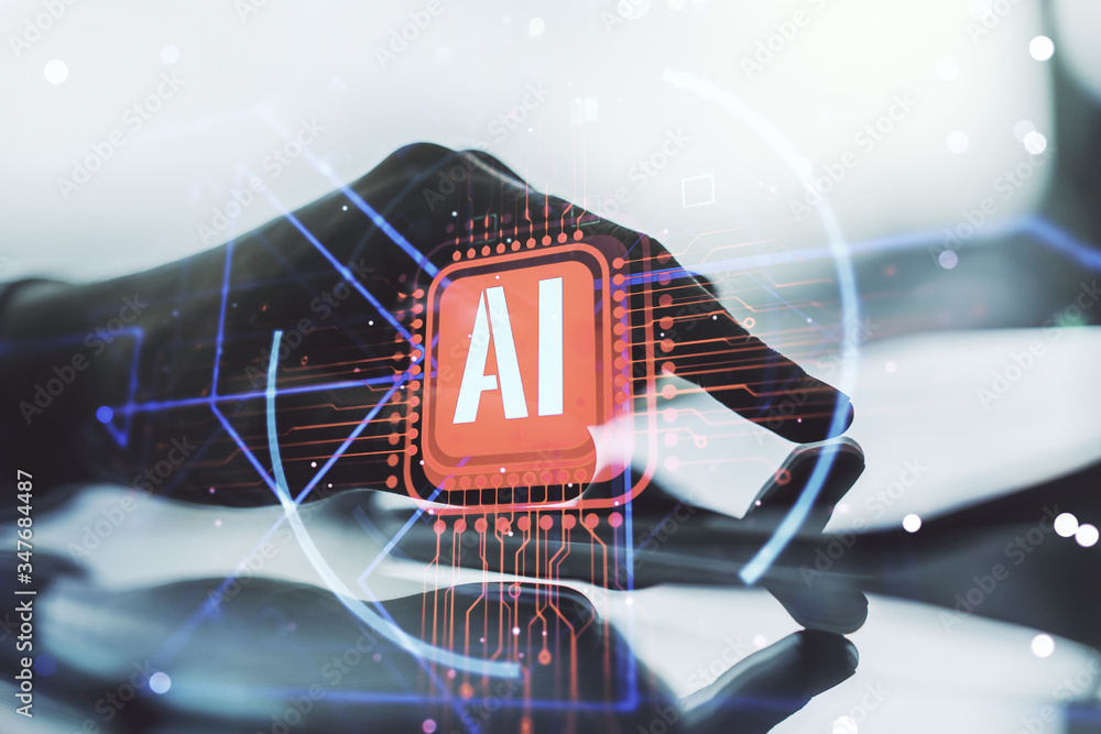 Poster double exposure of creative artificial intelligence abbreviation and hand working with a digital tab