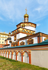 Fototapeta na wymiar Irkutsk. A fragment of architecture of the beautiful Epiphany Cathedral in the style of the Siberian Baroque 1741, the main architectural attraction of the city