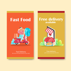 Delivery Instagram design template with food and vegetable watercolor illustration.