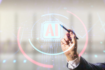 Double exposure of businessman hand with pen working with creative artificial Intelligence...
