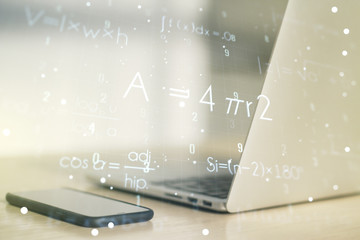 Creative scientific formula hologram on modern laptop background, research concept. Multiexposure