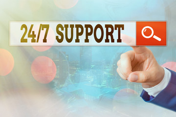 Writing note showing 24 Or 7 Support. Business concept for Giving assistance to service whole day and night No downtime
