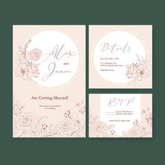 Line flower wedding card design with invitations template. Wedding invitation card, illustration