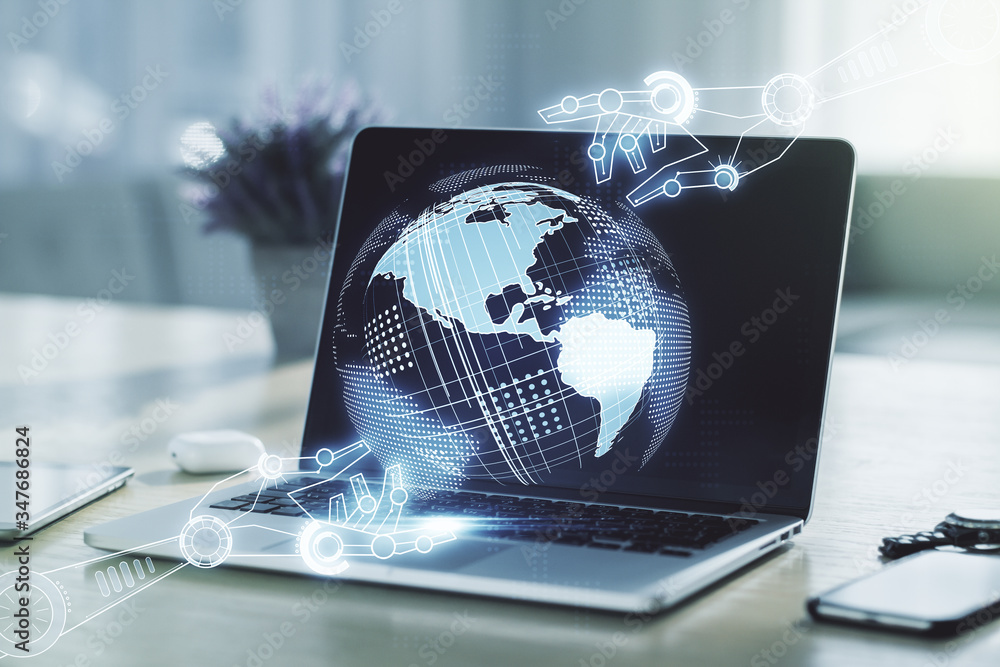 Aufkleber creative abstract robotics technology sketch with globe on modern laptop background, future technolo