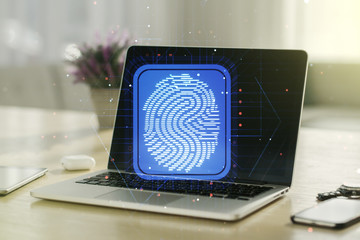 Multi exposure of abstract creative fingerprint illustration on modern laptop background, digital access concept