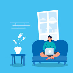 woman using laptop in sofa stay at home campaign