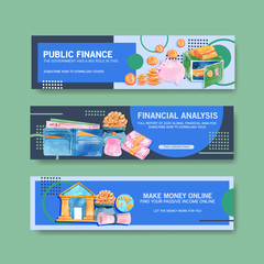 Finance banner design with currency,business,banking and business watercolor illustration.