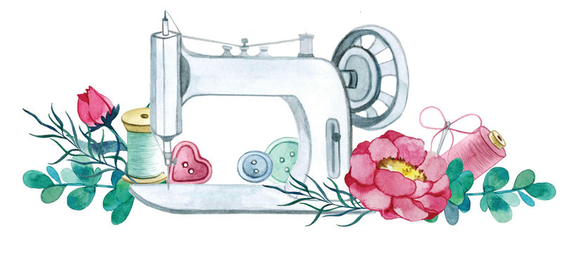 watercolor sewing machine, needle, buttons, peonies.