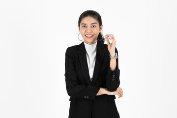 Portrait of attractive young Asian business woman having idea posing on white isolated background.