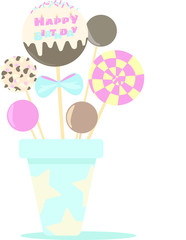 Happy birthday lollipops on a white background - caramel, chocolate, marshmallows, pops