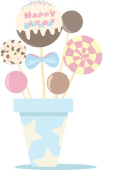Happy birthday lollipops on a white background - caramel, chocolate, marshmallows, pops