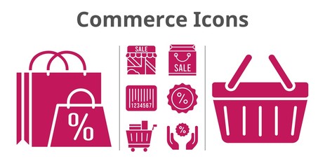 commerce icons set. included shopping bag, shop, shopping cart, discount, shopping-basket, barcode icons. filled styles.