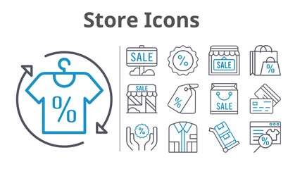 store icons set. included online shop, shopping bag, sale, shirt, shop, price tag, discount, credit card, trolley icons. bicolor styles.
