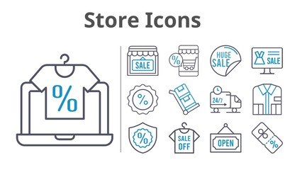 store icons set. included online shop, sale, shirt, shop, discount, warranty, delivery truck, open, trolley icons. bicolor styles.
