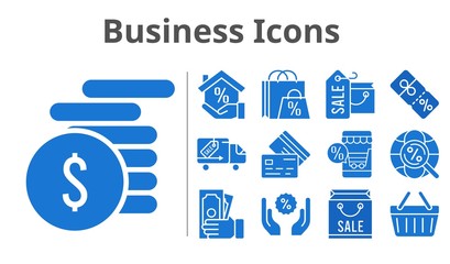 business icons set. included shopping bag, online shop, mortgage, money, discount, shopping-basket, delivery truck, credit card, internet icons. filled styles.