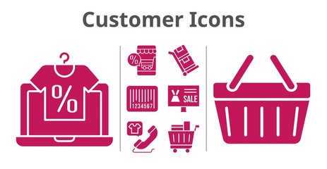 customer icons set. included online shop, shopping cart, phone call, shopping-basket, barcode, trolley icons. filled styles.
