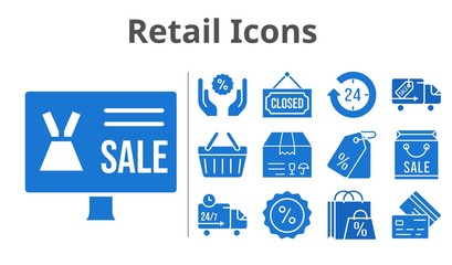retail icons set. included shopping bag, online shop, 24-hours, package, price tag, discount, closed, shopping-basket, credit card, delivery truck icons. filled styles.
