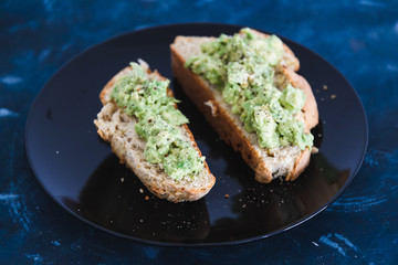 plant-based food, vegan avocado toast on homemade bread