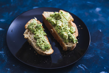 plant-based food, vegan avocado toast on homemade bread