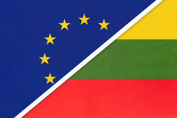 European Union or EU vs Lithuania national flag from textile. Symbol of the Council of Europe association.