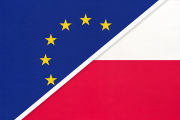 European Union or EU vs Poland national flag from textile. Symbol of the Council of Europe association.