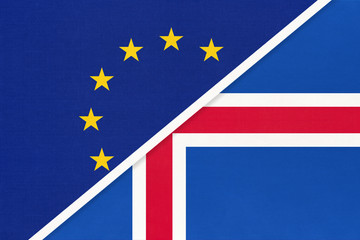 European Union or EU vs Iceland national flag from textile. Symbol of the Council of Europe association.