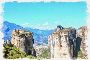 Greece. Meteora. Monastery on a rock. Imitation of a picture. Oil paint. Illustration