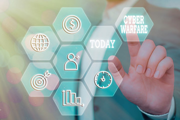 Writing note showing Cyber Warfare. Business concept for Virtual War Hackers System Attacks Digital...