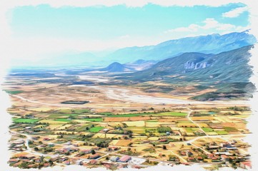 Greece. Valley near the  Meteora. Imitation of a picture. Oil paint. Illustration