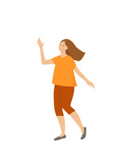 Young woman, girl funny dancing, jumping. Cute vector illustration, flat, isolated character on a white background.