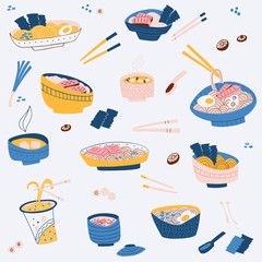 Hand drawn ramen noodle in bowl and soup. vector pattern.